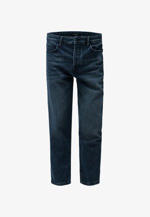 Jean droit bleu foncé avec fermeture à bouton à l'avant, passants de ceinture et design classique à cinq poches, présenté sur fond blanc.