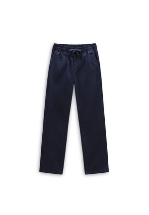 Granatowe casualowe spodnie z elastycznym pasem i sznurkiem do wiązania, proste nogawki oraz boczne kieszenie.