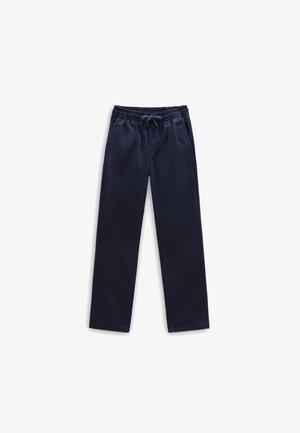 Granatowe casualowe spodnie z elastycznym pasem i sznurkiem do wiązania, proste nogawki oraz boczne kieszenie.