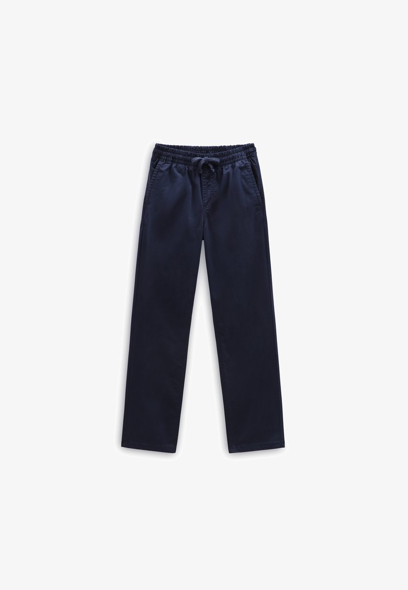 Pantalon décontracté bleu marine avec ceinture élastique et cordon de serrage, coupe droite et poches latérales.