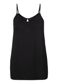 Black sleeveless tank top made of soft fabric. Features a gathered neckline and a keyhole detail at the back. Smooth texture and relaxed fit.