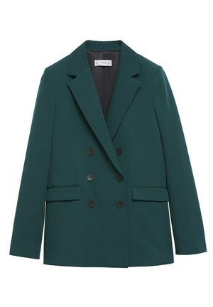 Dunkelgrüner zweireihiger Blazer mit Revers, sechs schwarzen Knöpfen, zwei vorderen Klappentaschen und langen Ärmeln.