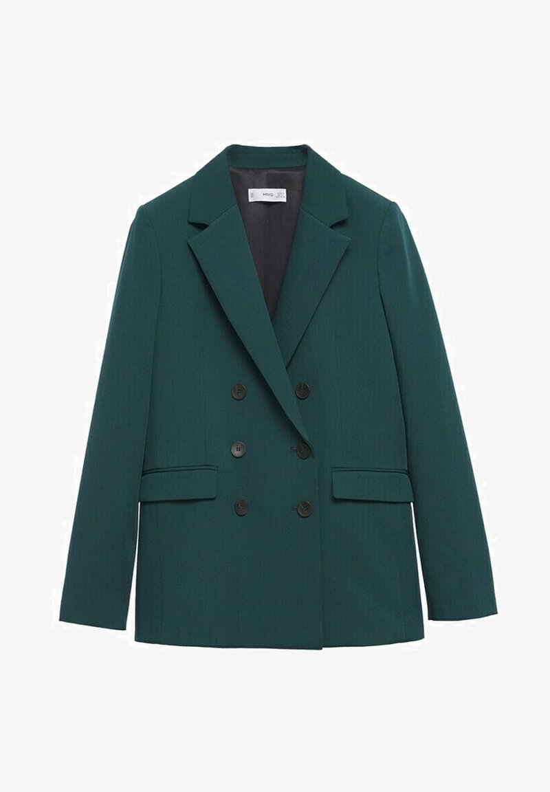 Blazer vert foncé croisé avec col à revers cranté, six boutons noirs, deux poches avant à rabat et manches longues.