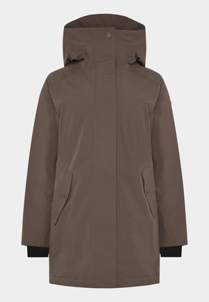 Brauner wasserdichter Parka mit Kapuze, zwei Druckknopf-Seitentaschen, verstellbaren Manschetten und glatter Textur. Hat ein minimalistisches Design und klare Linien.