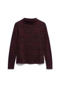 Burgunderfarbener Rollkragenpullover mit schwarzem Zebramuster. Mit langen Ärmeln und einem strukturierten Stoff. Einfaches, lässiges Design.