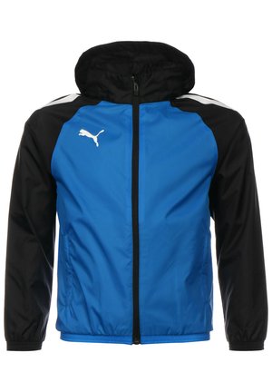 Lichte blauwe en zwarte jacket met capuchon, ritssluiting, elastische manchetten en wit logo op de borst. Glad, waterafstotend materiaal.