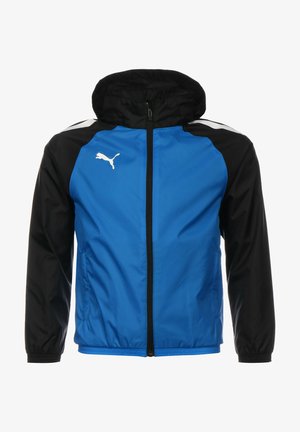 Leichte Jacke in Blau und Schwarz mit Kapuze, Reißverschluss, elastischen Bündchen und weißem Logo auf der Brust. Glattes, wasserabweisendes Material.