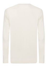 Cremefarbener Pullover mit langen Ärmeln, rundem Halsausschnitt, gerippten Bündchen und Saum sowie glatter Textur. Keine sichtbaren Muster oder Beschläge.