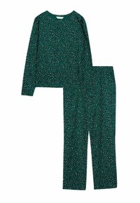 Grøn pyjamas sæt med langærmet top og bukser, der har et spredt mønster af hvide og sorte prikker. Blødt, let materiale og afslappet pasform.