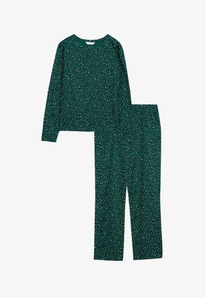 Completo pigiama verde con top a maniche lunghe e pantaloni caratterizzati da un motivo a pois bianco e nero sparsi. Materiale morbido e leggero, vestibilità comoda.