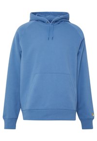 Sudadera de algodón azul con bolsillo tipo canguro, capucha con cordón y puños de canalé. Presenta mangas raglán y un pequeño detalle de logo en el puño.