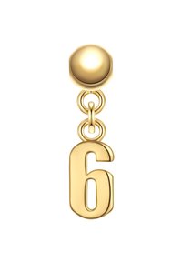 Kuldne langev ehe sisaldab sfäärilist nööpi ja rippuvat numbri "6" disaini, sile tekstuur ja poleeritud viimistlus.