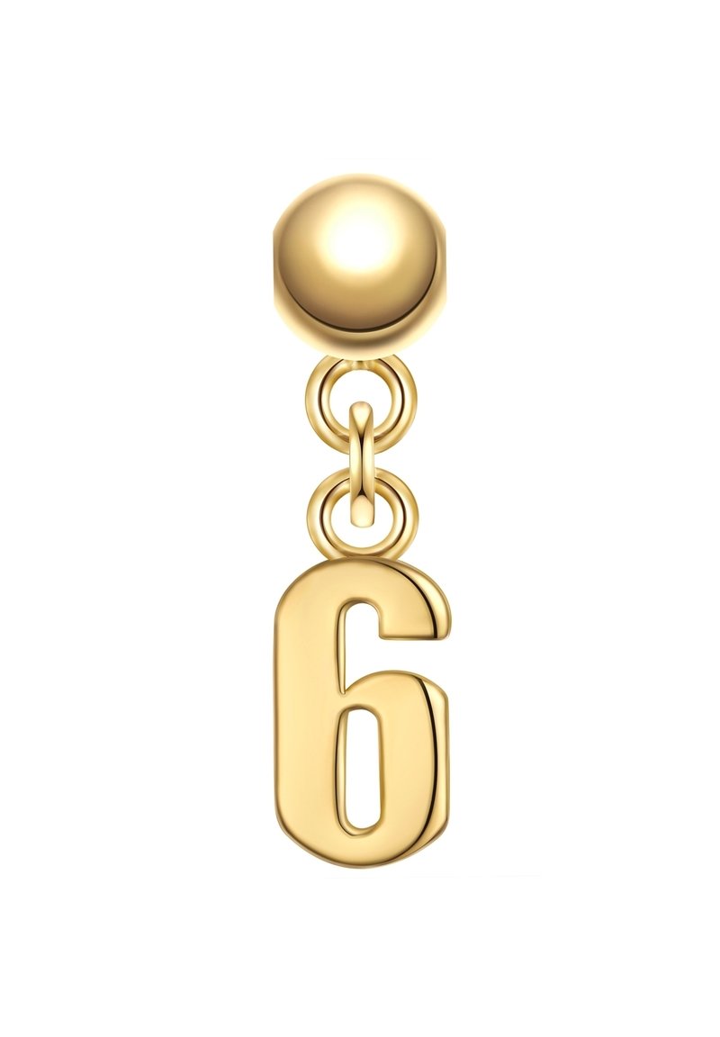 Kuldne langev ehe sisaldab sfäärilist nööpi ja rippuvat numbri "6" disaini, sile tekstuur ja poleeritud viimistlus.