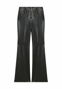 Pantaloni neri svasati realizzati in materiale liscio e lucido. Presentano una zip frontale con accessori decorativi e quattro tasche con zip.