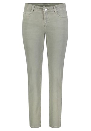 Jean slim gris clair avec fermeture devant par bouton et zip, passants pour ceinture et poches avant.