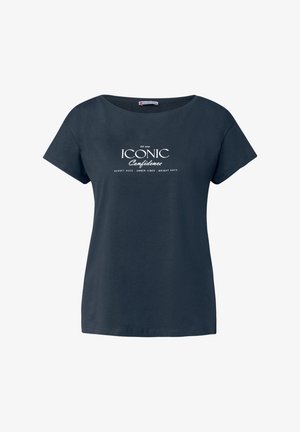 Granatowa koszulka bawełniana z krótkim rękawem. Posiada biały nadruk z napisem "ICONIC Confidence" oraz "EST. 2025" i innymi szczegółami poniżej. Regularny krój.