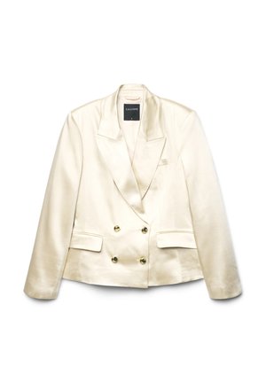 Veste blazer croisée en satin crème avec revers à pointe, deux poches avant et boutons dorés en accent. Texture lisse et coupe ajustée.