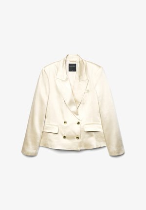 Doppelreihiger Blazer aus cremefarbenem Satin mit Schwalbenschwanzrevers, zwei Fronttaschen und goldenen Knopfakzenten. Glatte Textur und maßgeschneiderte Passform.