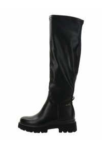 Bota negra hasta la rodilla hecha de material sintético suave, con una suela gruesa y resistente, y un diseño minimalista con un acento de logo.