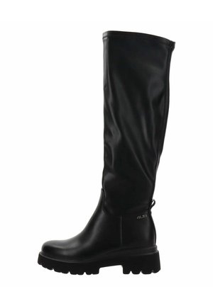 Bota negra hasta la rodilla hecha de material sintético suave, con una suela gruesa y resistente, y un diseño minimalista con un acento de logo.