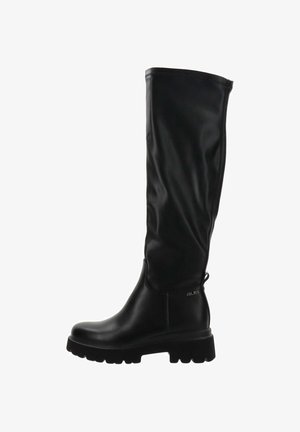 Botte noire montante en matériau synthétique lisse, dotée d'une semelle épaisse et robuste, avec un design minimaliste accentué par un logo.