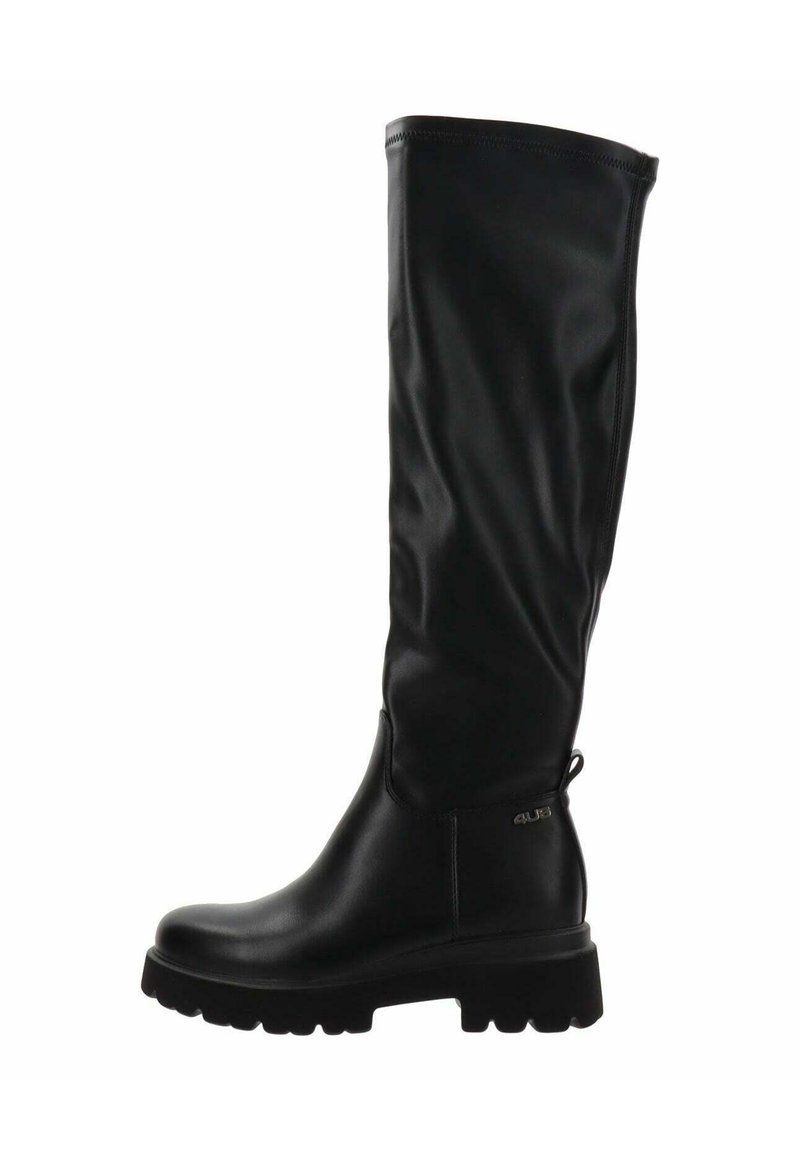 Bota negra hasta la rodilla hecha de material sintético suave, con una suela gruesa y resistente, y un diseño minimalista con un acento de logo.