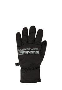 Zwarte waterdichte winterhandschoen met een gewatteerd ontwerp, elastische manchetten en een klittenbandsluiting; voorzien van een logo en een bergpatroon op de pols.