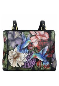 Zwarte leren handtas met een kleurrijk bloemontwerp met kolibries, gouden hardware en twee schouderbanden.