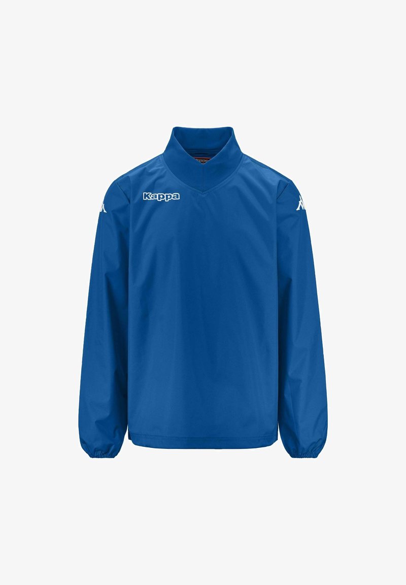 Giacca impermeabile blu con maniche lunghe, colletto alto e polsini elasticizzati. Presenta un logo sulla parte anteriore e laterale. Texture liscia.