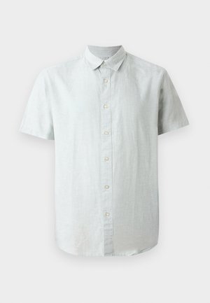 Light gray, short-sleeve linen shirt with a button-down collar and front button closure, featuring a subtle texture and relaxed fit.