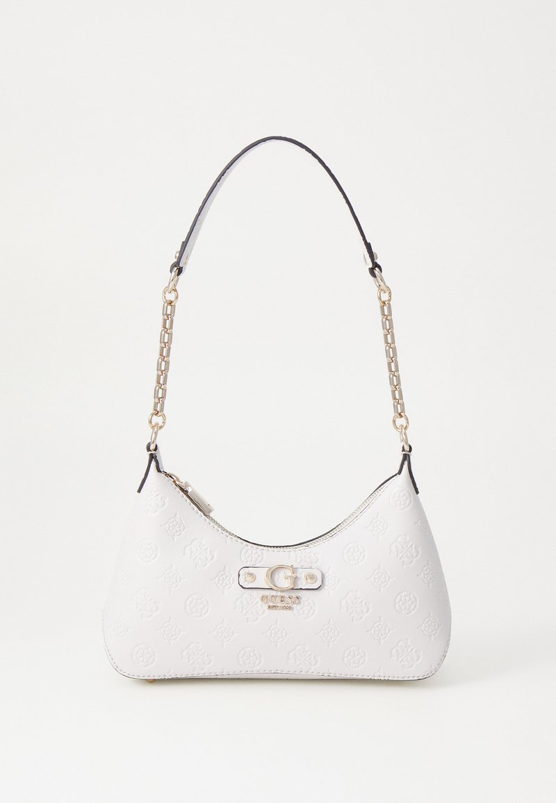 White faux leather handbag with a curved shape, embossed pattern, gold hardware accents, and a chain and leather shoulder strap.
