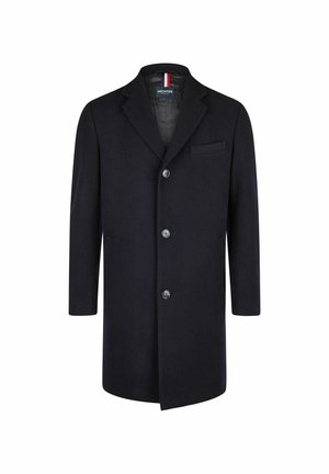 Tamno plavi muški kaput od vune s izrezanim reverom, tri bočna dugmeta i dva bočna džepa, prikazan na jednostavnoj bijeloj pozadini.