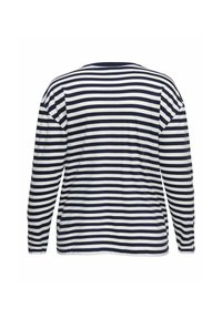 Cămașă cu mâneci lungi, cu dungi orizontale albastre închis și albe, văzută din spate pe un fundal alb.