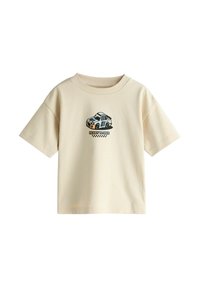 Beige cotton t-shirt with short sleeves and round neckline. Features a graphic print of a car and text "READY TO RACE" below it.