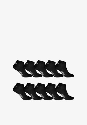 Chaussettes noires à la cheville, en tissu avec une texture lisse, dotées d'un bord côtelé et d'un motif de logo en forme de diamant blanc sur le côté.