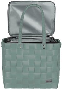 Rechteckige Tragetasche aus gewebtem mintgrünem Kunststoff, mit einem silber-gefütterten Innenraum, zwei Griffen und einem Reißverschluss.