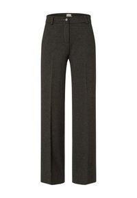 Grijze wijde pijpen broek met een gladde textuur, voorzien van een sluiting met een voorknoop en contrasterende stiksels langs de zakken en naden.