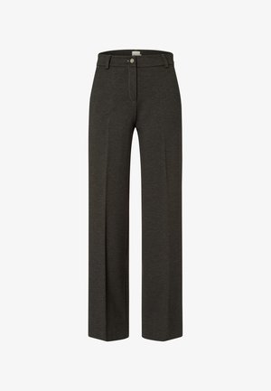 Gray wide-leg pants with a smooth texture, featuring a front button closure and contrast stitching along the pockets and seams.