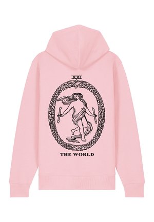 Rosa Kapuzenpullover mit einem schwarzen grafischen Design in ovaler Form, das eine Figur und Symbole zeigt, mit dem Text "XXI DIE WELT" darunter.