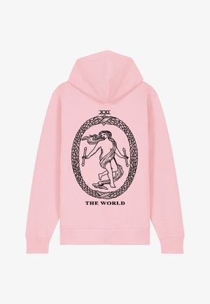 Felpa con cappuccio rosa che presenta un design grafico nero con una cornice ovale, raffigurante una figura e simboli, con il testo "XXI THE WORLD" sottostante.