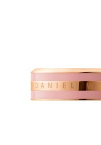 Rosa rechteckige Box mit einem roségoldenen Metallband, das "DANIEL WELLINGTON" geprägt hat; glänzende Oberfläche und glatte Textur.