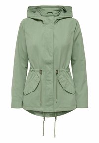 Světlounce zelená bunda s kapucí, se staženým pasem, dvěma předními kapsami a šňůrkami. Vyrobeno z hladkého, lehkého materiálu.