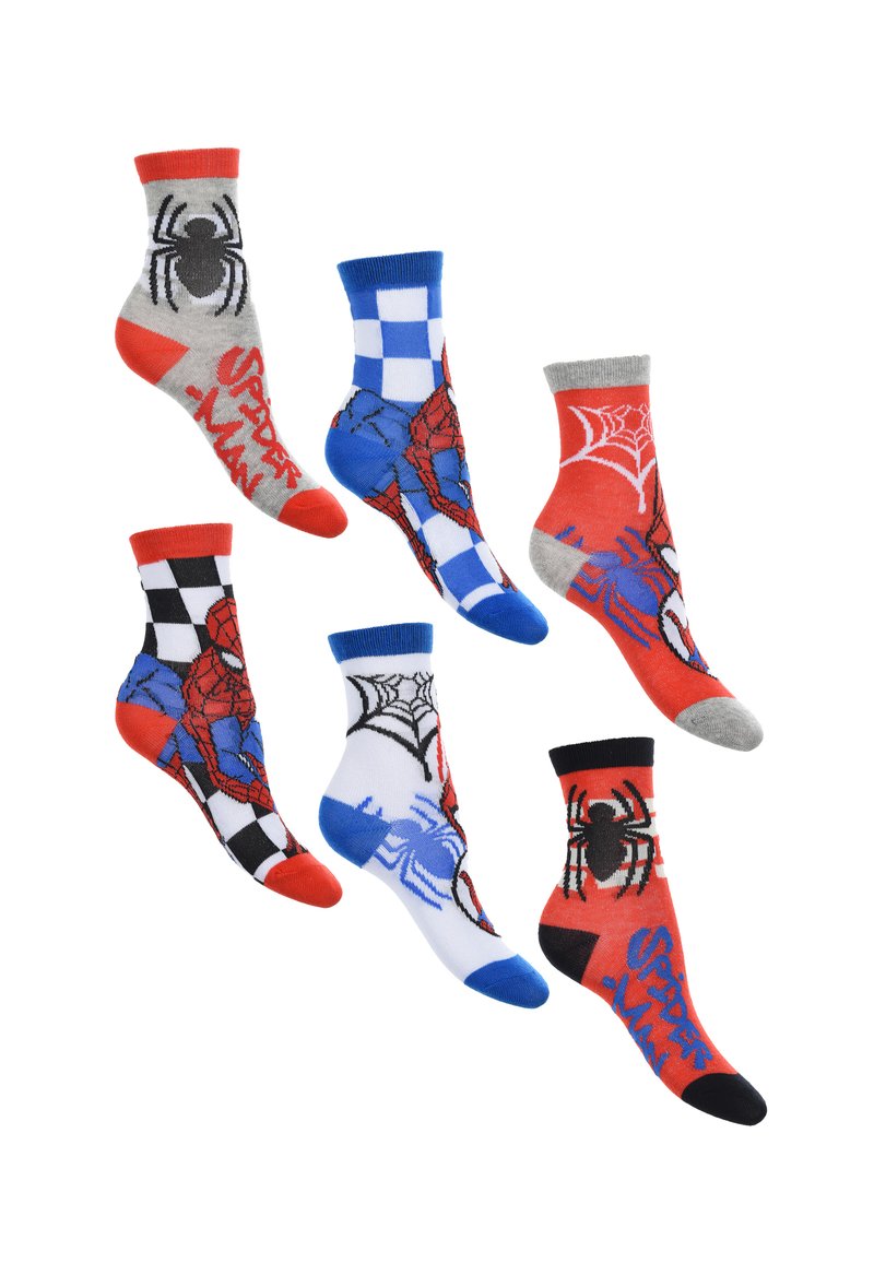 Sei paia di calzini di cotone con design di Spider-Man, in rosso, blu, nero e grigio, con stampe grafiche e polsini a costine in contrasto.