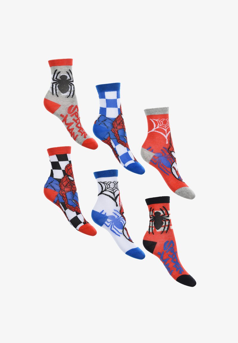 Six paires de chaussettes en coton avec des motifs de Spider-Man, en rouge, bleu, noir et gris, avec des impressions graphiques et des revers côtelés contrastants.