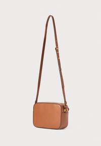 Brown leather crossbody bag with a rectangular shape, textured surface, adjustable strap, and gold-tone hardware accents.