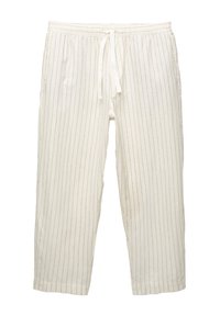 Pantalones de mezcla de lino en crema con finas rayas verticales en negro. Cintura elástica con cordón. Corte relajado, longitud corta y bolsillos laterales.