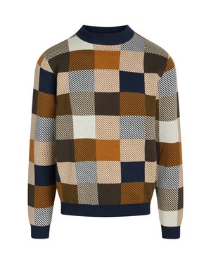 Sweter dzianinowy w wielokolorowy wzór patchworkowy w odcieniach pomarańczowym, granatowym, brązowym i kremowym. Posiada prążkowany dekolt i mankiety. Miękka tekstura.