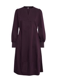Pflaumenfarbnes Kleid mit V-Ausschnitt, langen Puffärmeln und elastischen Bündchen. Besitzt einen Knopf am Ausschnitt und einen ausgestellten Saum. Glatte Textur.