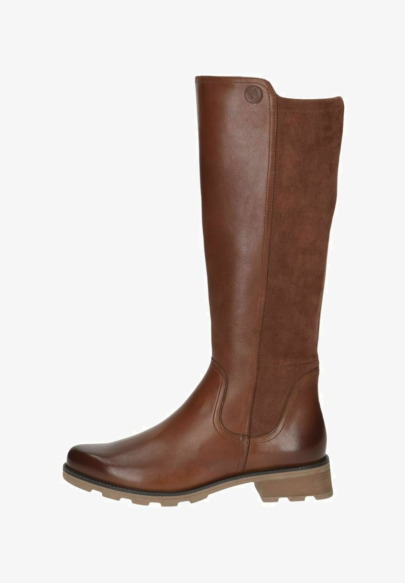 Brown knee-high boot featuring a smooth leather toe and a suede shaft. Has a thick outsole and subtle branding on the upper part.