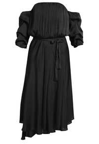 Robe noire décolletée sur les épaules avec un buste plissé, des manches bouffantes, une taille nouée et un ourlet asymétrique fluide. Tissu lisse et léger.